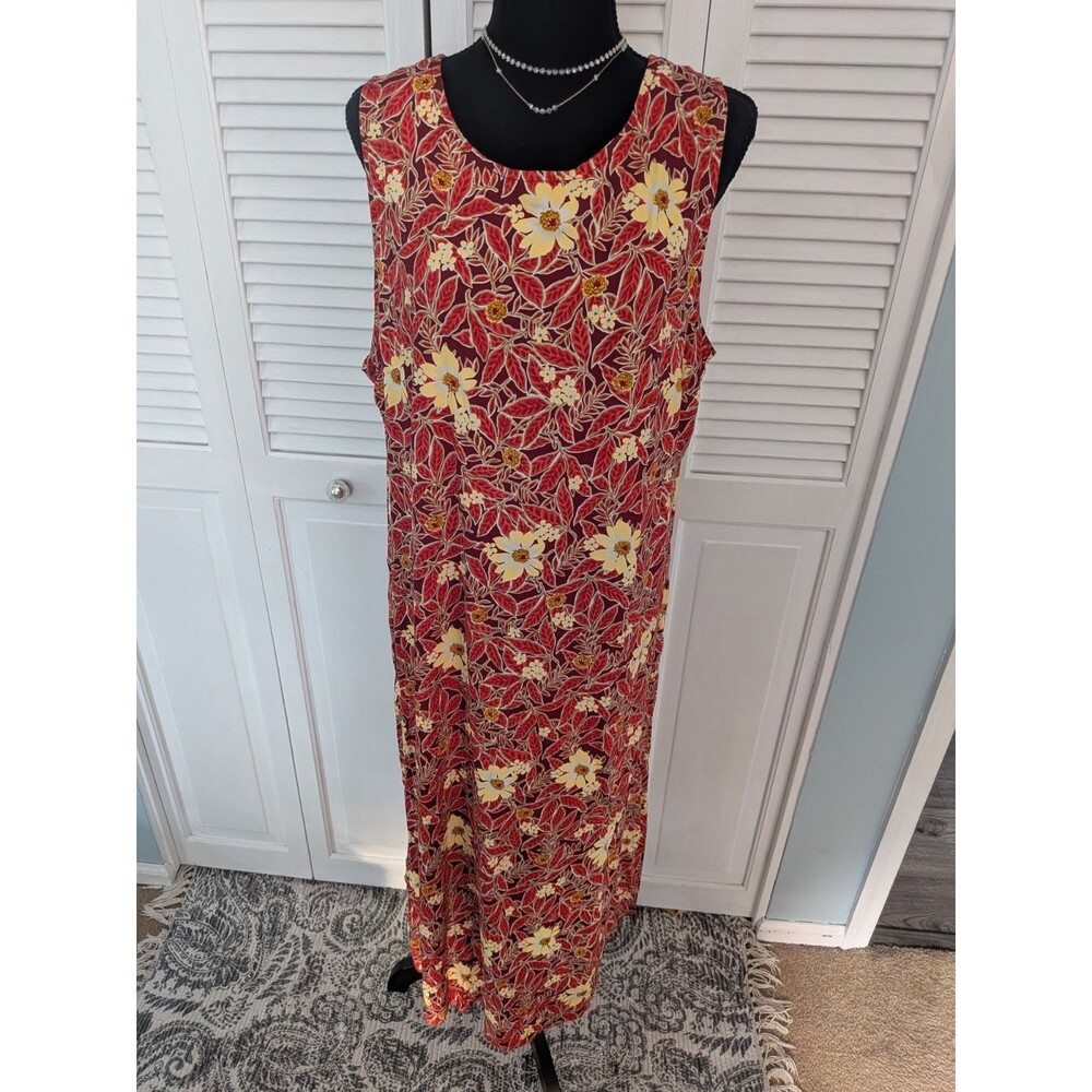 Sarin Plus New York Dress Womens 1X Vtg Red Floral Midi Sleeveless Rayon Cottage